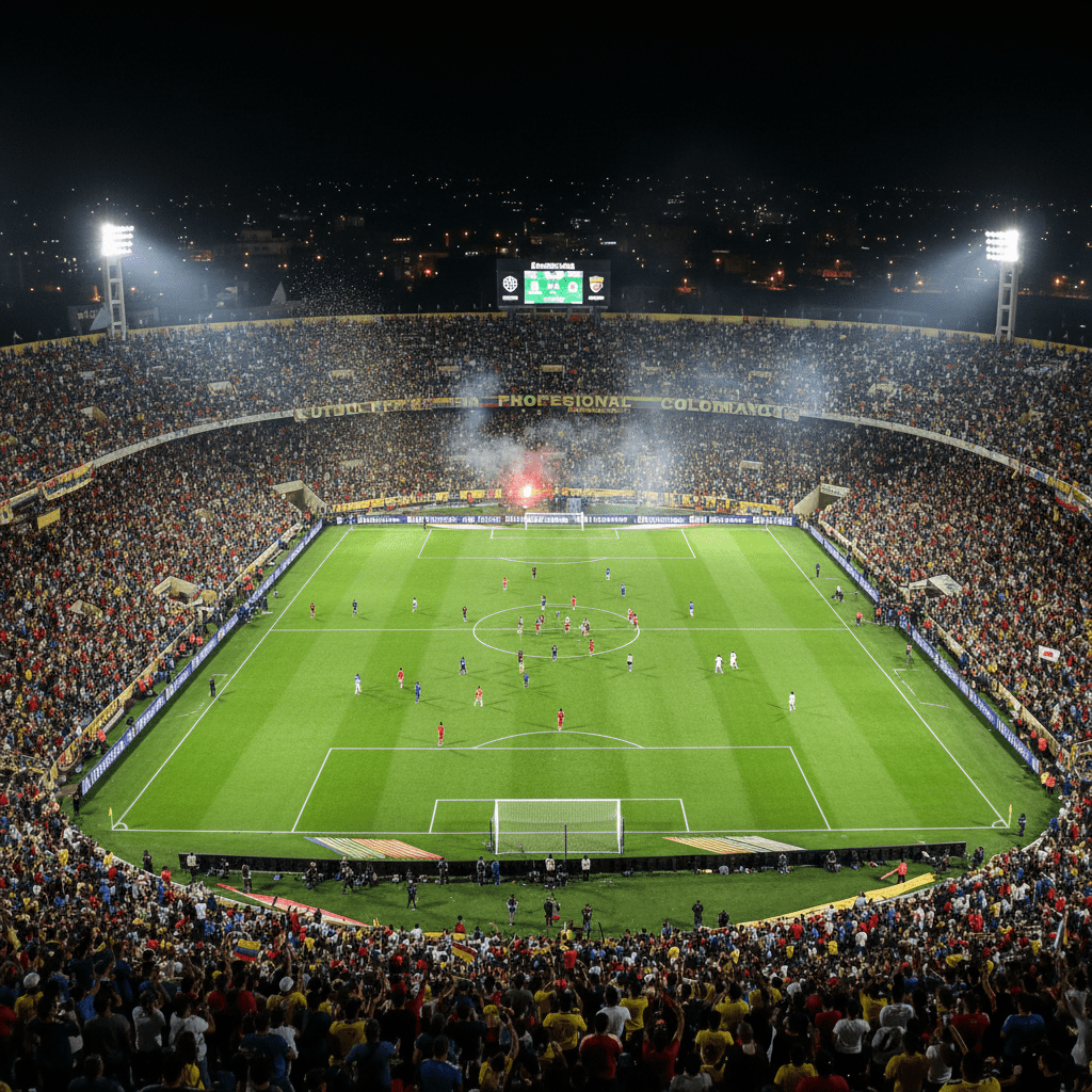 A crowded soccer stadium at night with players on the pitch and bright floodlights.